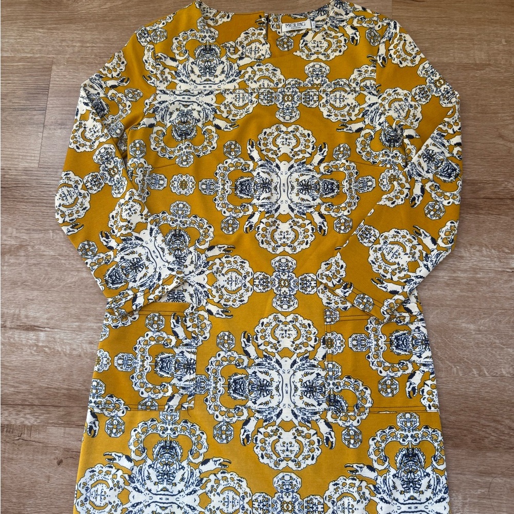 Mustard and White Patterned A line Dress